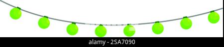An einem Kabel hängen grüne Lichter, die eine festliche Atmosphäre schaffen. Lichterketten hängen an einem Kabel und schaffen eine festliche Atmosphäre Stock Vektor