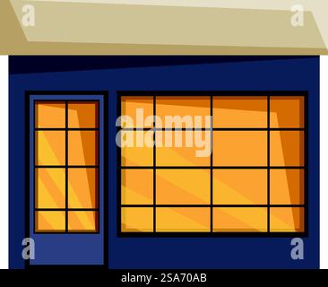 Kleines Geschäft mit großen Fenstern, in denen Produkte ausgestellt werden, Gewerbegrundstück, Ladenfront. Kleines Geschäft mit großen Fenstern, in denen Produkte ausgestellt werden Stock Vektor