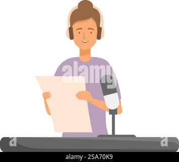 Radiomoderator spricht ins Mikrofon, Podcast-Ersteller nimmt Audioinhalte auf, Frau arbeitet im Radiosender. Der Radiohost nimmt einen Podcast auf, spricht in ein Mikrofon und liest aus einem Skript Stock Vektor