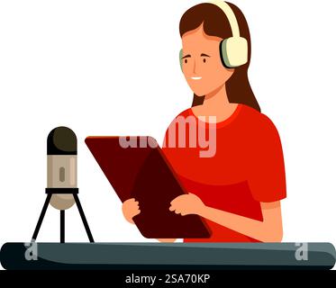 Der Radiohost nimmt einen Podcast auf, spricht in ein Mikrofon und liest aus einem Skript. Weibliche Radiomoderatorin, die Podcasts aufnimmt, im Mikrofon spricht und Skript liest Stock Vektor
