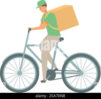 Der Liefermann fährt ein Fahrrad mit einem Papppaket auf dem Rücken. Liefermann, der ein Fahrrad fährt und ein Paket auf dem Rücken trägt Stock Vektor
