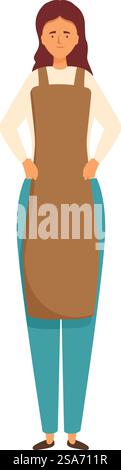 Eine junge Barista trägt eine Schürze und steht gerade mit den Händen hinter dem Rücken. Selbstbewusste Barista mit Schürze im Café Stock Vektor