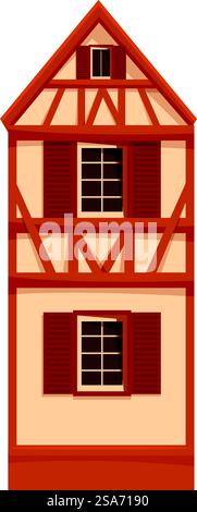 Traditionelles deutsches Haus mit Fachwerkkonstruktion mit freiliegenden Holzbalken und braunen Fensterläden. Traditionelles deutsches Fachwerkhaus mit Holzbalken und Rollläden Stock Vektor