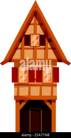 Charmantes Haus im europäischen Stil mit freiliegenden Holzrahmen und roten Rollläden. Traditionelles deutsches Fachwerkhaus auf weißem Hintergrund Stock Vektor