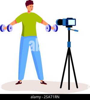 Der Sportler hebt Kurzhanteln und nimmt mit einer Kamera auf einem Stativ einen Video-Blog über Fitness auf. Sportsman nimmt Trainingsvideo mit der Kamera auf dem Stativ auf Stock Vektor