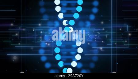 Abbildung des dna-Strangs über blauen Grenzflächenkonturen und weißen Lichtflecken auf schwarzem Hintergrund Stockfoto