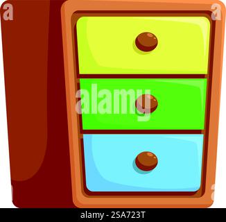 Farbenfroher Schrank mit Holzrahmen und drei Schubladen in hellen Farben. Holzschrank mit Schubladen in verschiedenen Farben, die auf dem Boden stehen Stock Vektor