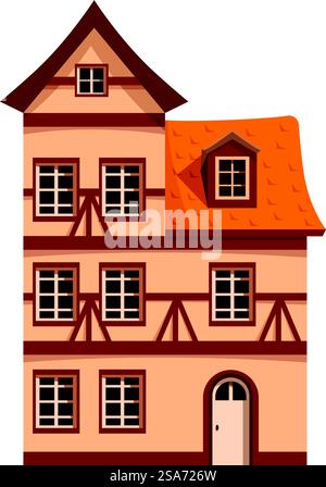 Fachwerkhaus mit orangefarbenem Dach, typisch für deutsche Architektur, erinnert an Geschichte und Charme. Traditionelles deutsches Haus mit Fachwerkfassade und orangefarbenem Dach Stock Vektor