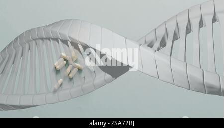 Bild eines dna-Strangs, der sich über Pillen dreht, auf weißem Hintergrund Stockfoto