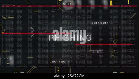 Bild von Phishing-Text und digitaler Datenverarbeitung auf schwarzem Hintergrund Stockfoto