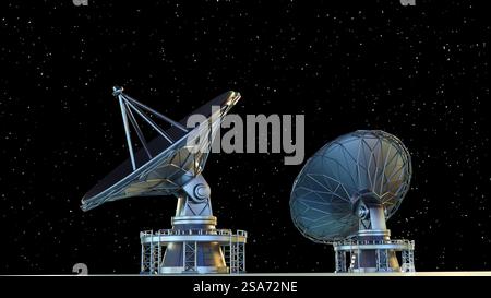 3D-Rendering einer Parabolantenne für die Übertragung und den Empfang von Signalen zu und von Satelliten. Stockfoto