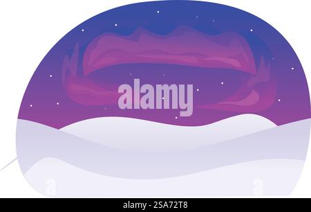 Lebendige Illustration mit aurora Borealis, die eine schneebedeckte Landschaft beleuchtet. Aurora Borealis, die nachts über verschneite Landschaft glänzen Stock Vektor