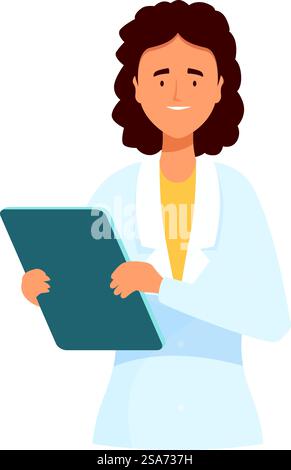 Friendly Doctor hält ein Tablet in der Hand, das die Schnittstelle von Gesundheitswesen und digitaler Technologie zeigt. Lächelnde Ärztin mit digitalem Tablet, medizinischer Versorgung und Technologie Stock Vektor