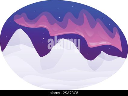 Illustration mit einem Nachthimmel mit strahlenden Sternen und hellrosa aurora Borealis über den verschneiten Berggipfeln. Rosafarbene aurora Borealis, die nachts über verschneiten Bergen leuchten Stock Vektor