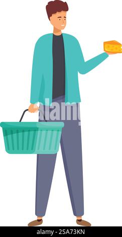 Der Kunde kauft Lebensmittel in einem Supermarkt ein, hält einen Warenkorb und wählt Käse. Junger Mann, der einen Warenkorb hält und Käse im Supermarkt auswählt Stock Vektor