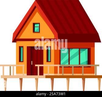 Bungalow mit Holzterrasse auf Stelzen über der Wasseroberfläche, tropische Architektur für Urlaub oder Reisekonzept. Tropischer Bungalow auf Stelzen mit Holzterrasse über Wasseroberfläche Stock Vektor