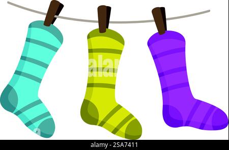 Drei bunte Socken hängen nach dem Wäschetag an der Wäscheleine. Drei bunte Socken hängen an einer Wäscheleine Stock Vektor