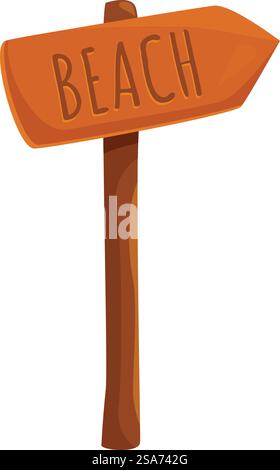 Hölzerne Wegweiser mit einem Pfeil nach rechts, der den Weg zum Strand zeigt. Hölzernes Strandschild, das nach rechts zeigt Stock Vektor