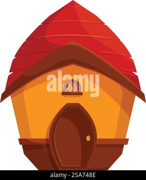 Kleines Fantasy-Haus mit rotem Dach und brauner Tür, Gebäude im Cartoon-Stil. Kleines Fantasy-Haus mit rotem Dach auf weißem Hintergrund Stock Vektor