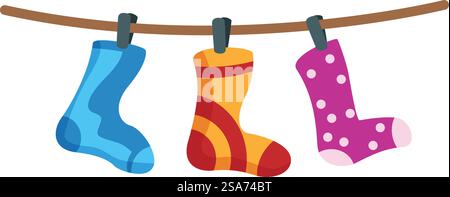Drei farbenfrohe Socken hängen an einer Wäscheleine und trocknen nach dem Waschen. Bunte Socken hängen nach dem Wäschetag an der Wäscheleine Stock Vektor
