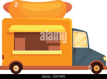 Food Truck im Cartoon-Stil, der Hotdogs auf der Straße verkauft, mit großer Wurst auf dem Dach. Gelber Food Truck, der Hotdogs auf der Straße verkauft, mit großer Wurst auf dem Dach Stock Vektor