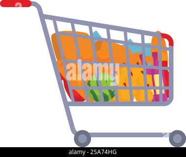 Einkaufswagen voller Lebensmittel, die im Supermarkt gekauft werden. Warenkorb voller Lebensmittel mit Obst, Gemüse, Brot und Milch Stock Vektor