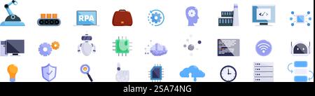 RPA-Symbole festgelegt. Entwicklungsprozess von Automatisierungssoftware mit Symbolen für rpa, KI und maschinelles Lernen in flacher Form. RPA-Symbole festgelegt. Entwicklungsprozess für Automatisierungssoftware mit Symbolen für rpa, AI und maschinelles Lernen Stock Vektor