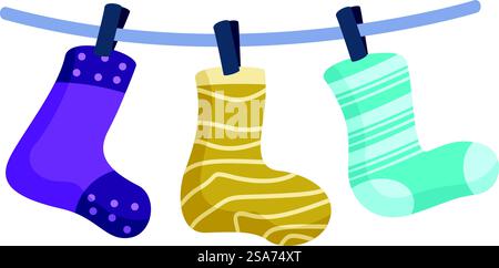 Drei farbenfrohe Socken hängen an einer Wäscheleine und trocknen nach dem Waschen. Bunte Socken hängen an der Wäscheleine und trocknen nach dem Waschen Stock Vektor