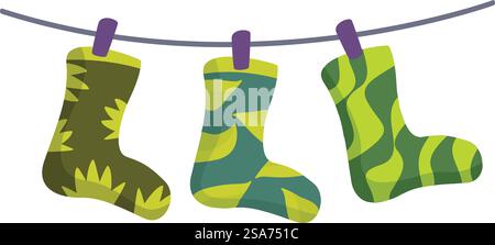 Drei farbenfrohe Socken hängen an einer Wäscheleine, um sie nach dem Waschen zu trocknen. Drei bunte Socken hängen nach dem Waschen an der Wäscheleine Stock Vektor