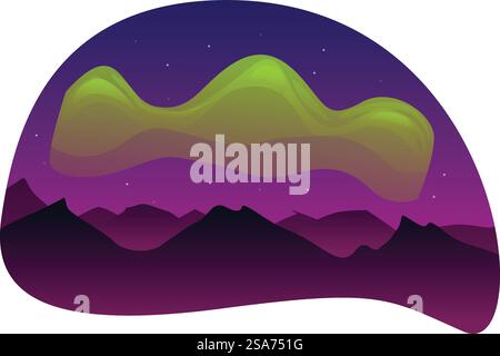 Grüne aurora Borealis, die nachts eine Bergkette erleuchten. Grüne aurora Borealis, die über Bergen am Nachthimmel glänzen Stock Vektor