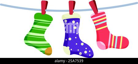 Drei leere bunte weihnachtsstrümpfe hängen an einer Leine und warten darauf, vom weihnachtsmann gefüllt zu werden. Drei weihnachtsstrümpfe hängen an der Wäscheleine und warten auf den weihnachtsmann Stock Vektor