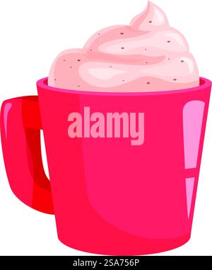 Roter Becher mit einer heißen Schokolade und Schlagsahne, der Sie an einem kalten Tag aufwärmen kann. Roter Becher mit dampfender heißer Schokolade und Schlagsahne Stock Vektor