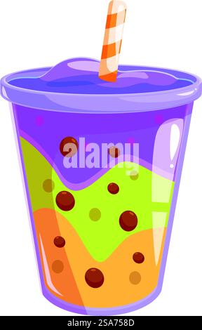 Erfrischendes Sommergetränk mit Tapioka-Bällchen, perfekt für einen heißen Tag. Köstlicher Sprudeltee mit Tapiokaparlen in Plastikbecher mit Strohhalm Stock Vektor