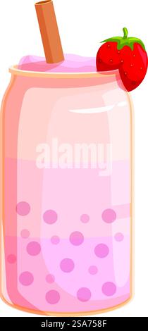 Rosafarbener Erdbeer-Bubble-Tee in einem maurerglas mit Strohgarnitur und Fruchtgarnitur. Erdbeer-Bubble-Tee im einmachglas mit Strohgarnitur und Fruchtgarnitur Stock Vektor