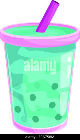 Erfrischendes Getränk mit Tapioka-Bällchen am Boden, gekrönt mit Eis und Strohhalm, perfekt für einen heißen Tag. Erfrischender Sprudeltee mit rosafarbenem Stroh im Plastikbecher Stock Vektor