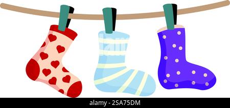 Bunte Socken hängen nach dem Wäschetag an der Wäscheleine. Drei bunte Socken hängen an einer Wäscheleine Stock Vektor