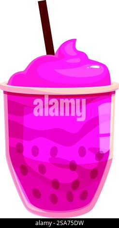 Rosafarbener Bubble-Tee mit Schlagsahne und Strohhalm wartet darauf, Ihren Durst zu stillen. Köstlicher Sprudeltee mit Schlagsahne und Stroh verführt Sie Stock Vektor