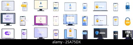 2fa-Symbole eingestellt. Sammlung von elektronischen Geräten, die unterschiedliche Methoden zur Durchführung der zwei-Faktor-Authentifizierung zeigen. 2fa-Symbole eingestellt. Personen, die unterschiedliche Geräte für die zwei-Faktor-Authentifizierung verwenden Stock Vektor