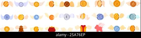 Symbolsatz für Münzflügel. Set aus verschiedenen Gold-, Silber- und Bronzemünzen mit wegfliegenden Flügeln, die volatile Markt- und Finanzinstabilität darstellen. Symbolsatz für Münzflügel. Sammlung verschiedener Münzen mit Flügeln, die einen volatilen Markt darstellen Stock Vektor