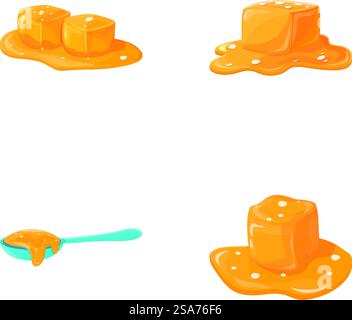 Karamell-Symbole setzen Cartoon-Vektor. Geschmolzener appetitlicher Karamellwürfel. Süßigkeiten, süßes Essen. Karamell-Symbole setzen Cartoon-Vektor. Geschmolzener appetitlicher Karamellwürfel Stock Vektor