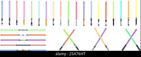 Symbole für Lichtsäbel gesetzt. Eine Reihe von bunten Laserschwertern, von denen einige gekreuzt sind, sind auf weißem Hintergrund isoliert, was auf futuristische Kämpfe und Fantasien hindeutet. Symbole für Lichtsäbel gesetzt. Bunte Laserschwerter kreuzten und isolierten sich und repräsentieren Fantasie und Kampf Stock Vektor