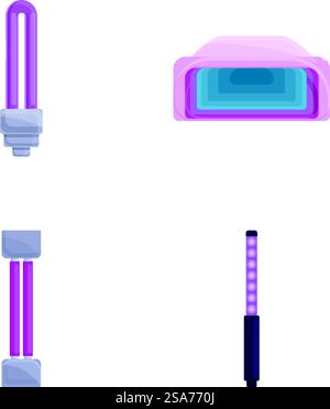 Bactericidal lamp icons set cartoon vector. Luminous lamp with ultraviolet ray. Device with ultraviolet light. Bactericidal lamp icons set cartoon vector. Luminous lamp with ultraviolet ray Stock Vektor