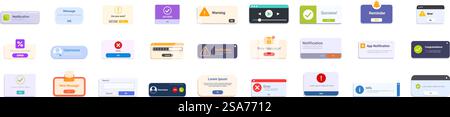 Warnungsfeld-ui-Symbolsatz. Sammlung moderner, flacher Benachrichtigungsfenster, die verschiedene Warnungen für die Benutzeroberfläche anzeigen. Warnungsfeld-ui-Symbolsatz. Set aus verschiedenen Popup-Fenstern, in denen Benachrichtigungen, Meldungen und Fehler angezeigt werden Stock Vektor
