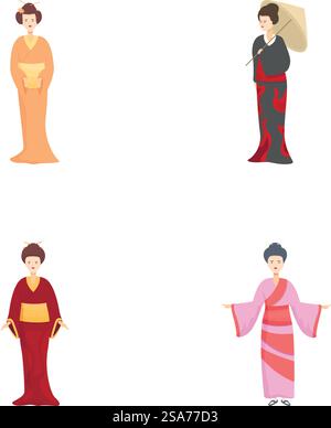 Sammlung illustrierter Geisha-Figuren in farbenfrohen Kimonos, die kulturelle japanische Kleidung und Stile zeigen. Set aus vier verschiedenen Geisha-Charakteren in traditioneller Kleidung Stock Vektor