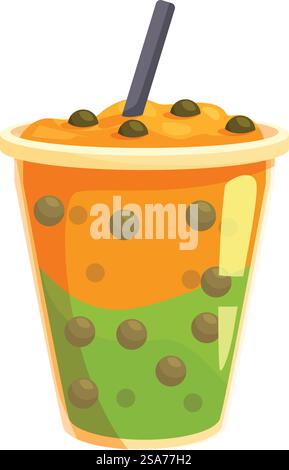Erfrischendes und süßes Bubble-Teegetränk wird mit Tapioka-Kugeln gezeigt. Plastikbecher mit Strohhalm, der köstliches Bubble-Teegetränk zeigt Stock Vektor