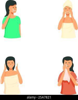 Set aus vier Illustrationen, die eine Frau zeigen, die verschiedene persönliche Hygienemaßnahmen durchführt. Abbildungen zur persönlichen Hygiene der Frau Stock Vektor