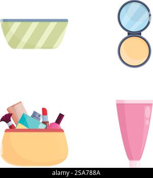 Symbole für kosmetische Kästchen setzen den Cartoon-Vektor. Weibliches Kosmetikprodukt im Make-up-Beutel. Schönheitskonzept. Symbole für kosmetische Kästchen setzen den Cartoon-Vektor. Weibliches Kosmetikprodukt im Make-up-Beutel Stock Vektor