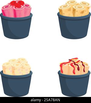 Frittiertes Eis Icons setzen Cartoon Vektor. Buntes, gerolltes Eis in einer Tasse. Nachtisch, süße Speisen. Frittiertes Eis Icons setzen Cartoon Vektor. Buntes, gerolltes Eis in einer Tasse Stock Vektor