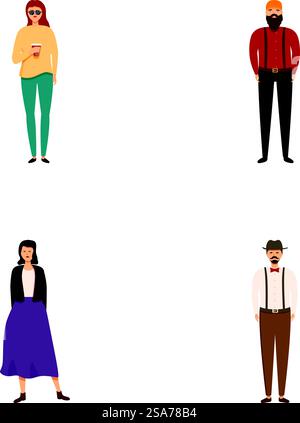Sammlung von vier Erwachsenen in Freizeit- und Geschäftskleidung, isoliert auf weiß. Set aus verschiedenen Zeichentrickfiguren in verschiedenen Outfits Stock Vektor