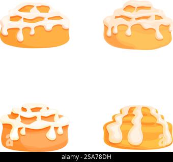 Sammlung von vier köstlichen Vektorillustrationen von Zimtrollen mit weißer Glasur, aus verschiedenen Blickwinkeln betrachtet. Gemischtes eisiges Zimtrollen Vektorset Stock Vektor